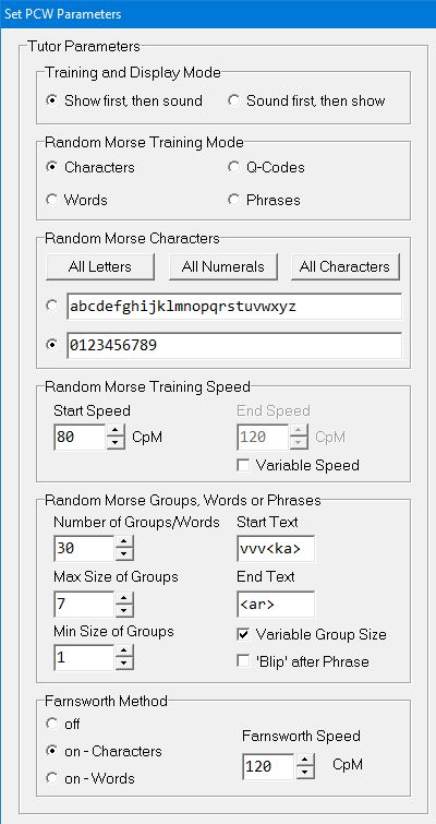 Left panel of Set PCW Parameters window